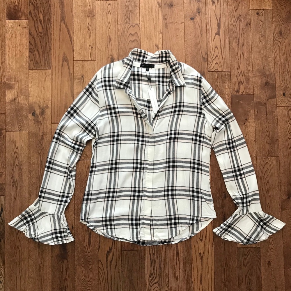 Sanctuary Plaid Flannel Blouse Bell Ruffle Sleeve